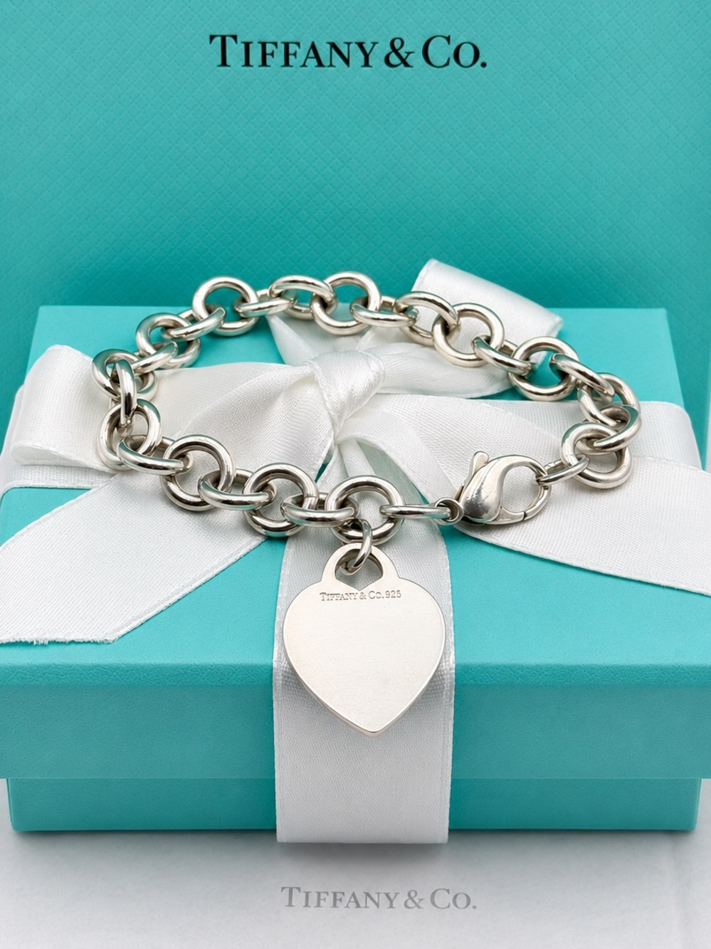 Tiffany & Co. Heart Tag Charm Bracelet Sterling Silver 925 Gift Box & Pouch - Picture 1 of 10